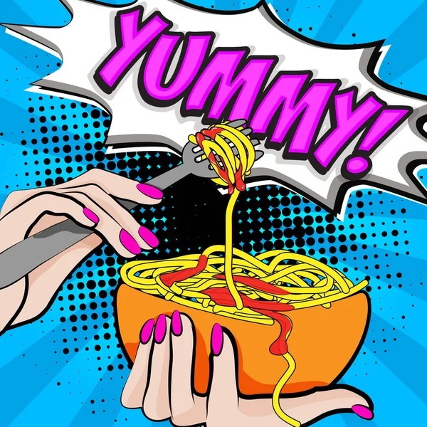 Pop Art Gabel Mit Spaghetti Lecker Zeichen Vektorillustration — Stockvektor