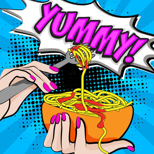 Pop Art Fork With Spaghetti & "YUMMY!" Sign - vector illustration.
