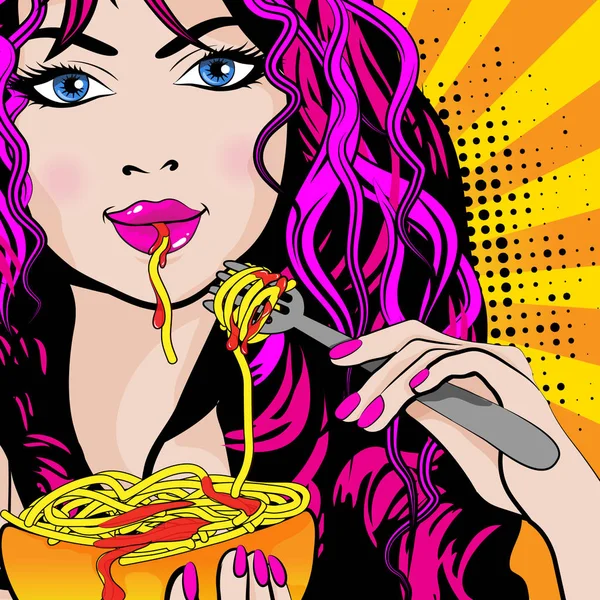 ポップアート若い女性摂食スパゲッティ ベクトル図 — ストックベクタ