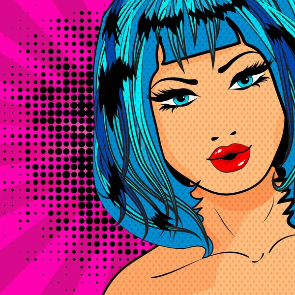 Pop Art Girl Com Cabelo Azul Ilustração Vetorial — Vetor de Stock