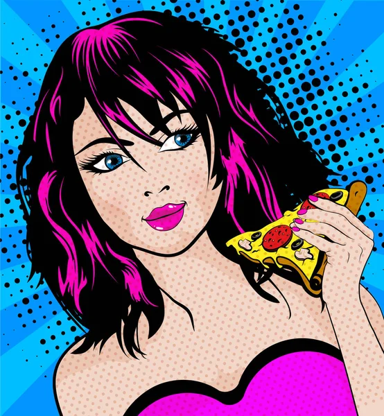 Pop Art Młoda Kobieta Jedzenie Pizza Ilustracja Wektorowa Ilustracja Stockowa