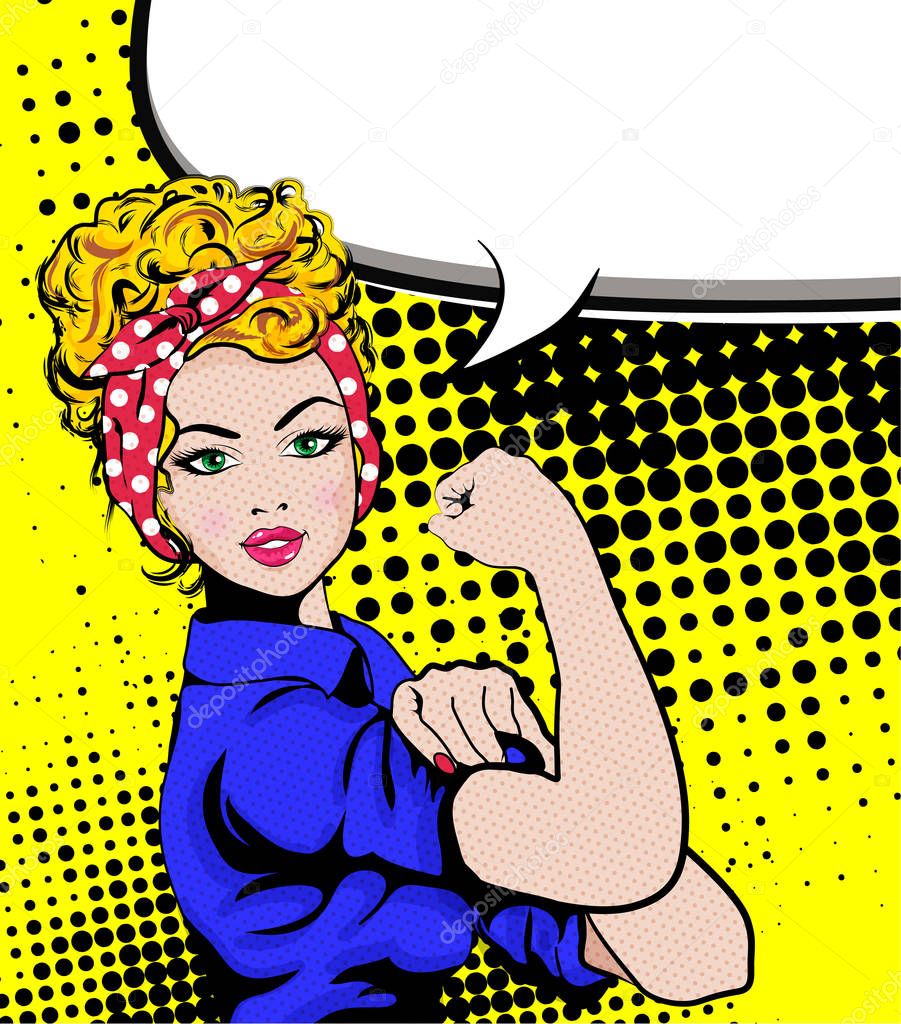 We Can Do It. Iconic woman's fist - symbol of female power and industry. cartoon woman with can do attitude.