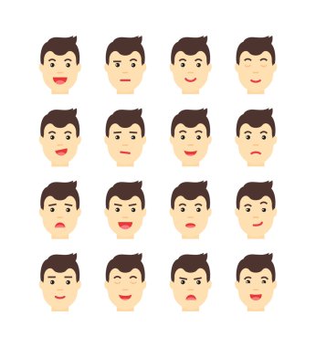 Yakışıklı adam Expressing farklı duygular. Düz vektör avatarlar set.