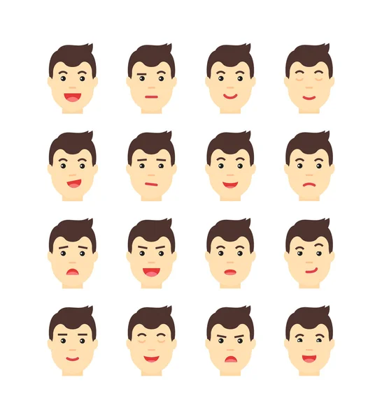 Pohledný muž vyjadřování různé emoce. Sada plochých vector avatary. — Stockový vektor
