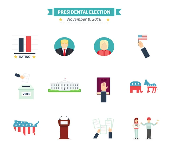 Die Ikonen der Präsidentenwahl sind gesetzt. Wahlkonzept-Symbole im flachen Stil. — Stockvektor
