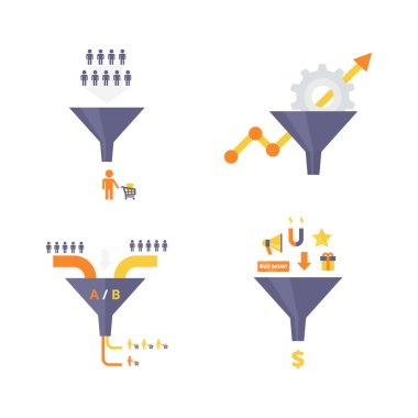 Dönüşüm Optimizasyon, mıknatıslar kurşun ve ab testleri infographics öğeleri huni. Internet pazarlama kavramları koleksiyonu. Düz tasarım vektör çizimler kümesi.
