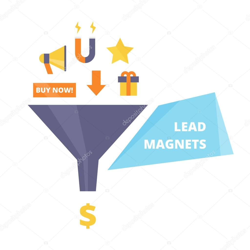 Lead Magnets vector illustration in flat style. Goods traps attract customers in sales funnel.
