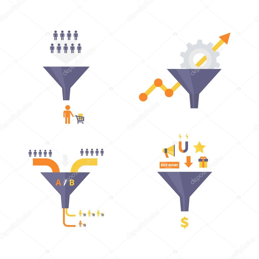 Conversion optimization, lead magnets and funnel ab tests infographics elements. Internet marketing concepts collection. Set of flat design vector illustrations.