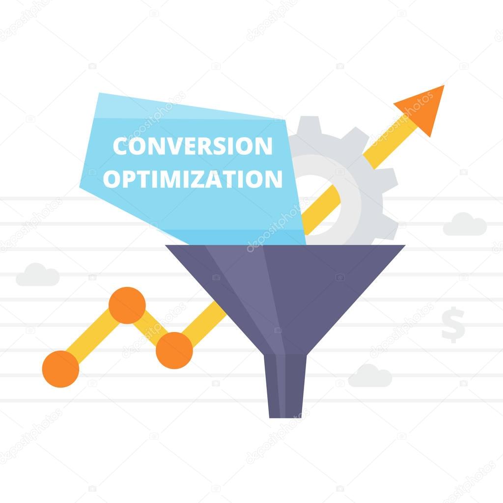 Conversion optimization banner in flat style - vector illustration. Internet marketing concept with Sales Funnel and growth chart.