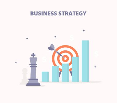 İş stratejisi. Satranç king, hedef, çubuk grafik, ok simgeler kümesi. Modern düz tasarım konsepti için web afiş, siteleri, basılı materyalleri, infographics. Yaratıcı renkli vektör çizim