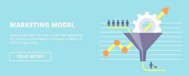 Modeli yatay banner akışını müşteriler ve satış huni ile pazarlama. Tasarımınız için düz vektör çizim.