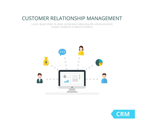 Crm の概念、クライアントとの仕事上のデータの組織。顧客関係管理のベクトル図. — ストックベクタ