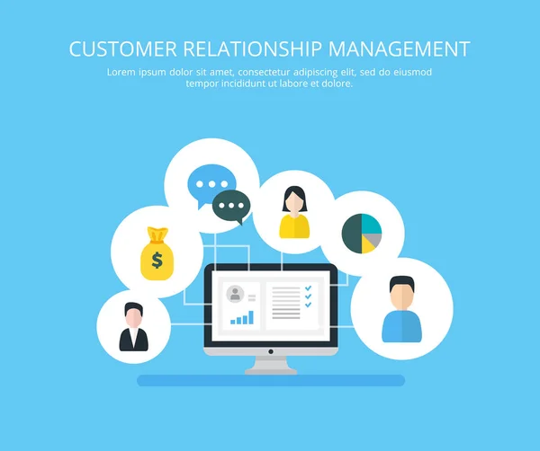 Organizzazione dei dati sul lavoro con i clienti, concetto CRM. Illustrazione vettoriale del Customer Relationship Management . — Vettoriale Stock