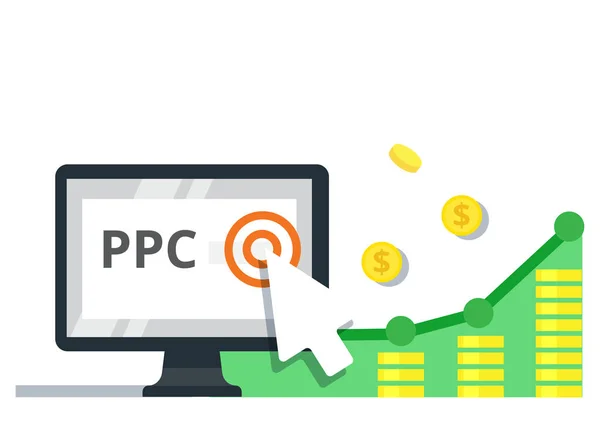 Pay Per Click conceito de marketing na internet - ilustração vetorial plana. Publicidade e conversão PPC . —  Vetores de Stock