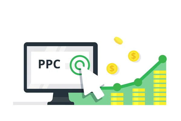 Pay Per Click conceito de marketing na internet - ilustração vetorial plana. Publicidade e conversão PPC . —  Vetores de Stock