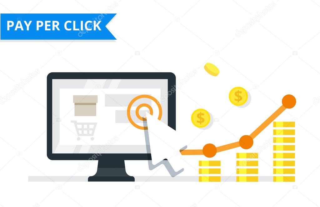 Pay Per Click internet marketing concept - flat vector illustration. PPC advertising and conversion.