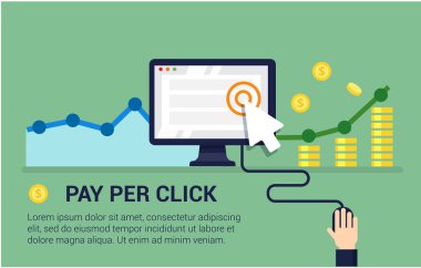 Düz stil banner tıklama başına ödeme. Internet reklam, online iş kavramı. Web tasarım, pazarlama ve Yazdır malzeme için modern illüstrasyon.