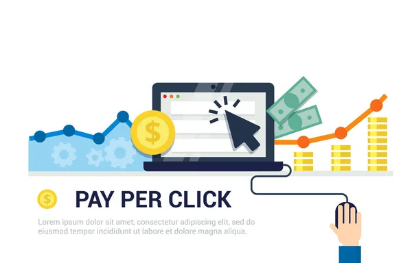 Pay Per Click platt stil banner. Internet advertising, online affärsidé. Modern illustration för web design, marknadsföring och skriv ut material. — Stock vektor