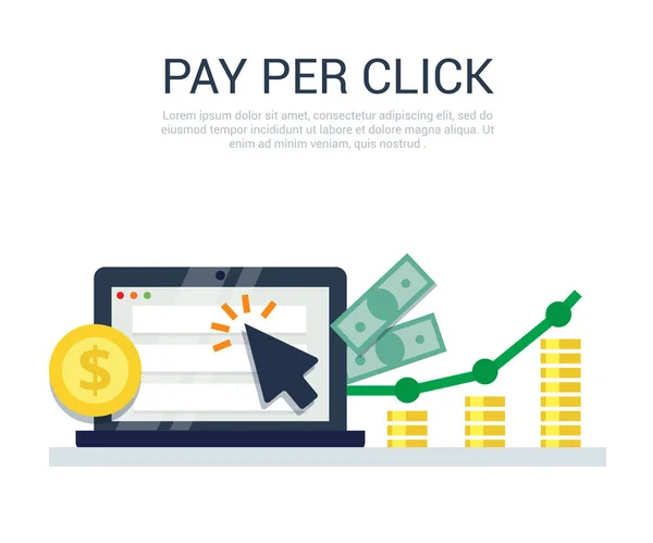 Düz stil banner tıklama başına ödeme. Internet reklam, online iş kavramı. Web tasarım, pazarlama ve Yazdır malzeme için modern illüstrasyon.