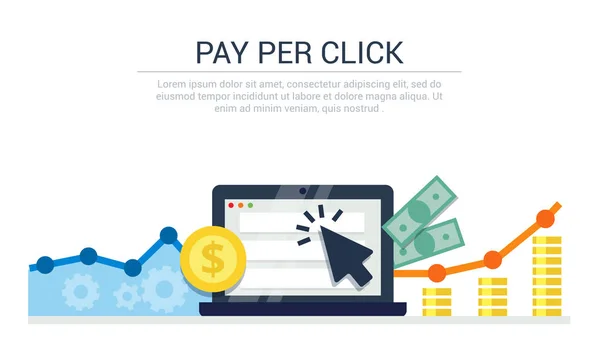 Düz stil banner tıklama başına ödeme. Internet reklam, online iş kavramı. Web tasarım, pazarlama ve Yazdır malzeme için modern illüstrasyon.