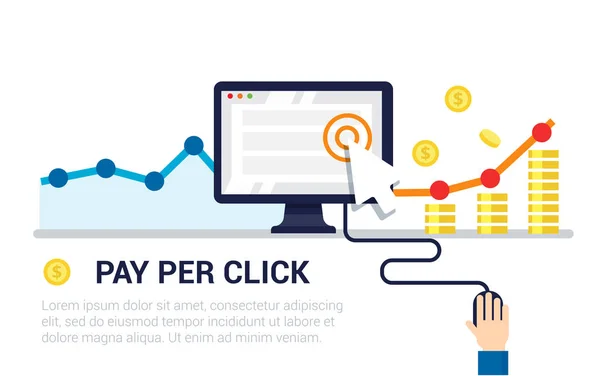 Düz stil banner tıklama başına ödeme. Internet reklam, online iş kavramı. Web tasarım, pazarlama ve Yazdır malzeme için modern illüstrasyon.