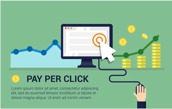 Pay Per Click επίπεδη στυλ banner. Διαδίκτυο διαφήμιση, online επιχειρηματική ιδέα. Σύγχρονη εικονογράφηση για web σχεδιασμό, την εμπορία και την εκτύπωση υλικού. — Διανυσματικό Αρχείο