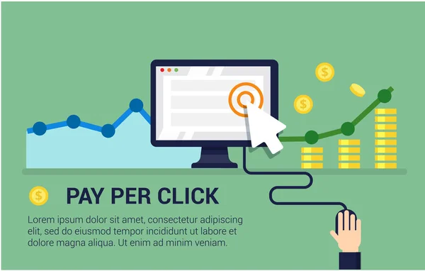 Pay Per Click platt stil banner. Internet advertising, online affärsidé. Modern illustration för web design, marknadsföring och skriv ut material. — Stock vektor