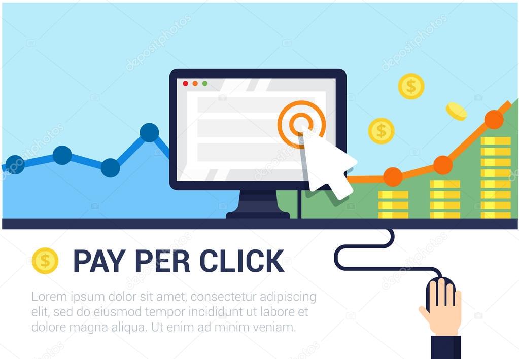 Pay Per Click flat style banner. Internet advertising, online business concept. Modern illustration for web design, marketing and print material.
