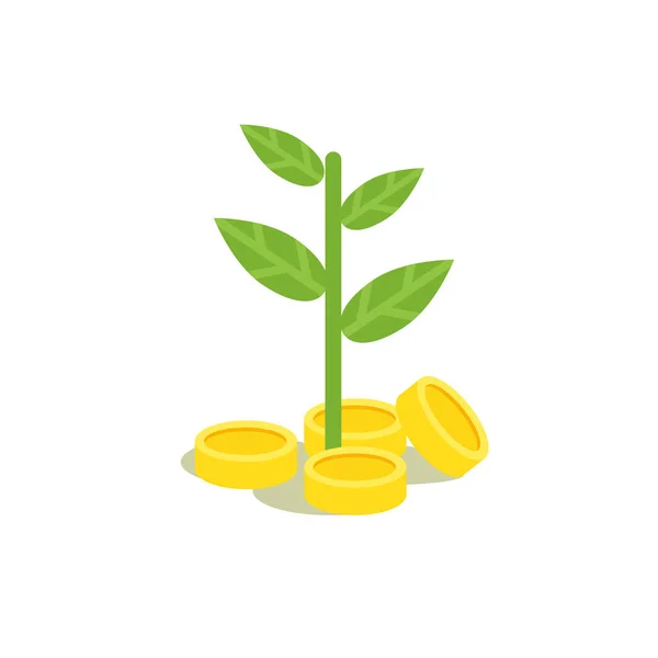 Rostlina roste od mincí v plochý. Investiční koncepci vektorové ikony. — Stockový vektor