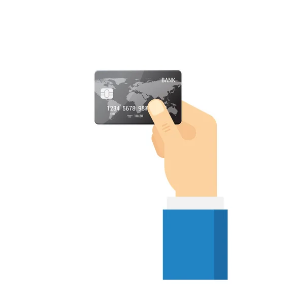 Conceito de pagamento. Mão segurando azul cartão de crédito vetor ícone isolado . — Vetor de Stock