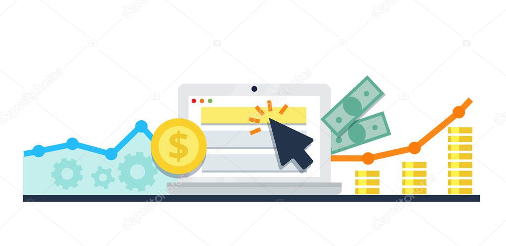 Pay Per Click internet marketing concept - flat vector illustration. PPC advertising and conversion.