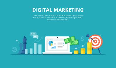 Online Pazarlama vektör çizim. Internet iş süreci - düz stil soyut afiş. Strateji, analytics, başarılı sonuç ve kar büyüme kavramı.
