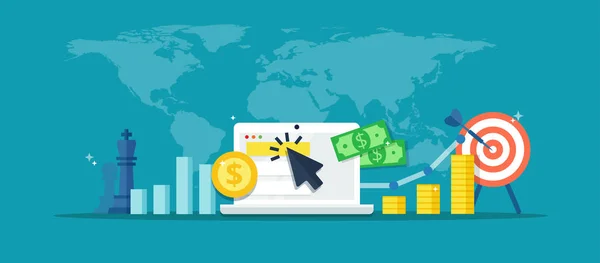 Online reklam kampanyası - soyut çizimde düz stil. Internet pazarlama vektör afiş. Strateji, e-ticaret, başarılı sonuç ve kar büyüme kavramı.