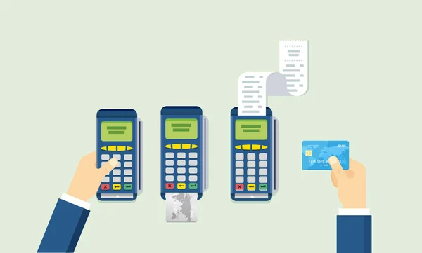 POS terminal and Credit card processing - illustration in flat style. — Stock Vector