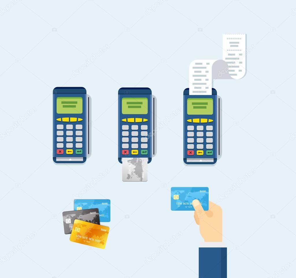 Hand puts debit credit card into POS terminal. Set of vector elements. Payment concept in flat style.