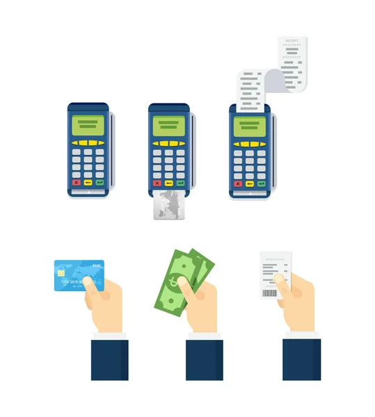 Traitement de la carte de crédit, carte de débit main, espèces et reçus. Ensemble d'options de paiement éléments vectoriels en style plat . — Image vectorielle