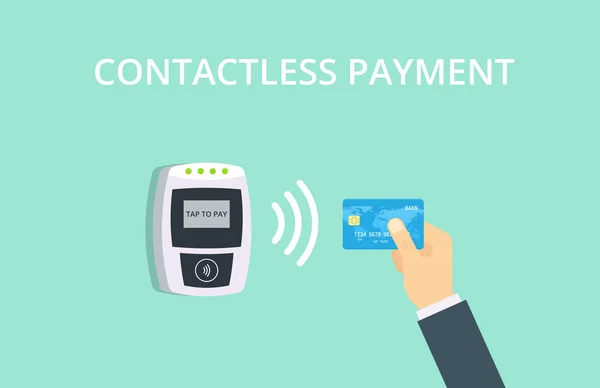 NFC ödeme vektör çizim düz tarzı. POS terminal temassız ödeme kredi kartından onaylar. Yakın alan iletişimi kavramı.