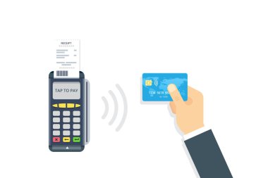 POS terminal temassız ödeme kredi kartından onaylar. NFC ödeme vektör çizim düz tarzı.