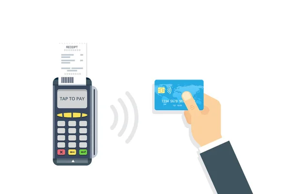 Terminal Pos confirma pagamento sem contato a partir do cartão de crédito. NFC ilustração vetorial de pagamento em estilo plano . — Vetor de Stock