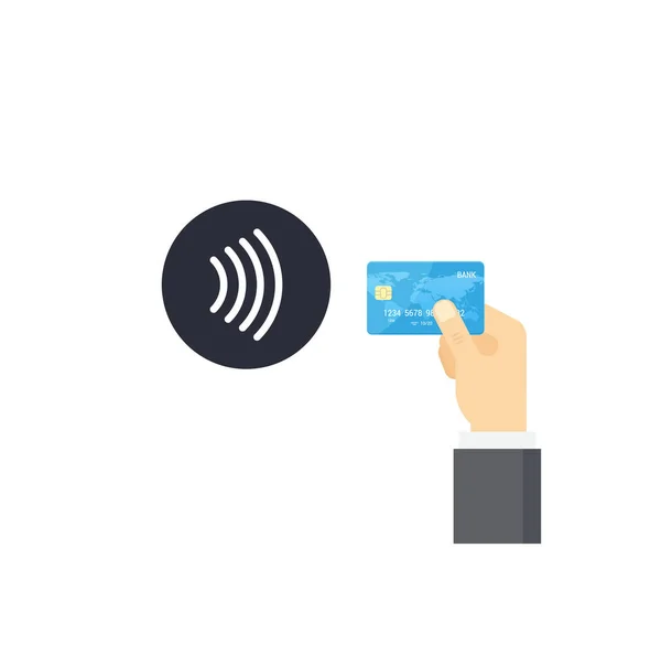 Terminal Pos confirma pagamento sem contato a partir do cartão de crédito. NFC ilustração vetorial de pagamento em estilo plano . — Vetor de Stock
