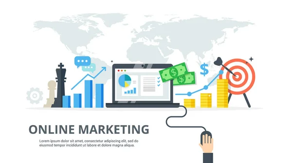 Digitális marketing folyamat - banner, lapos stílusban. Koncepció, stratégia, a sikeres eredmény, a nyereség növekedése. Online üzleti vektoros illusztráció. — Stock Vector