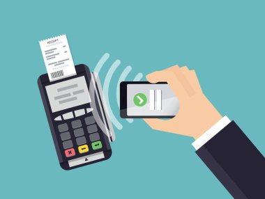 POS terminal smartphone üzerinden ödeme doğruladı. Mobil ödeme ve Nfc teknolojisi kavramı. Düz stil vektör çizim.