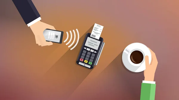 Pos 终端确认付款从智能手机。移动支付和 Nfc 技术的概念。平面样式矢量图. — 图库矢量图片