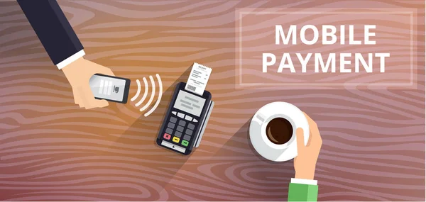 Terminal de Pos confirma el pago desde el teléfono inteligente. Pago móvil y concepto de tecnología NFC. Ilustración de vector de estilo plano . — Vector de stock