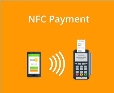 POS terminal smartphone üzerinden ödeme doğruladı. Mobil ödeme ve Nfc teknolojisi kavramı. Düz stil vektör çizim.