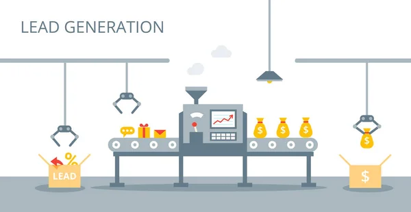 Processus de production de fils sur la bande transporteuse. Concept marketing en style plat. Concept de vecteur de génération de plomb . — Image vectorielle