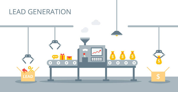 Process of leads production on the conveyor belt. Marketing concept in flat style. Lead generation vector concept.