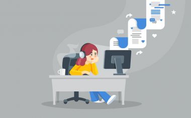 Internet sörf kavramı. Düz vektör çizim. Bilgisayar ekranına bakarak ve sosyal network izlerken bir bilgisayar arkasında bir masada oturan kız.