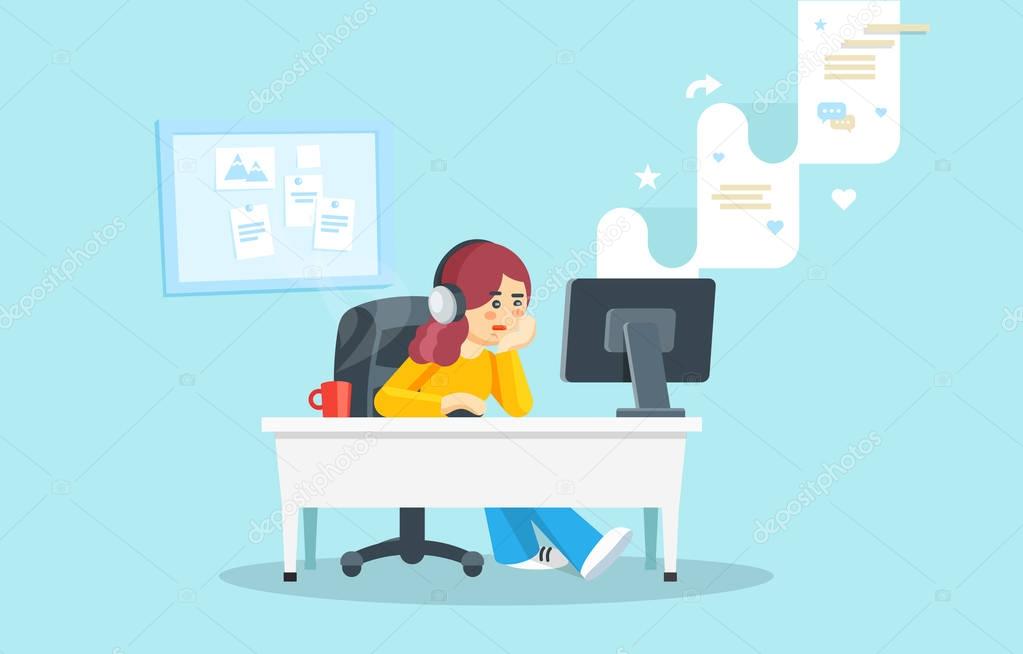 Internet surfing concept. Flat vector illustration. Girl sitting at a table behind a computer looking at the computer screen and watching social network.