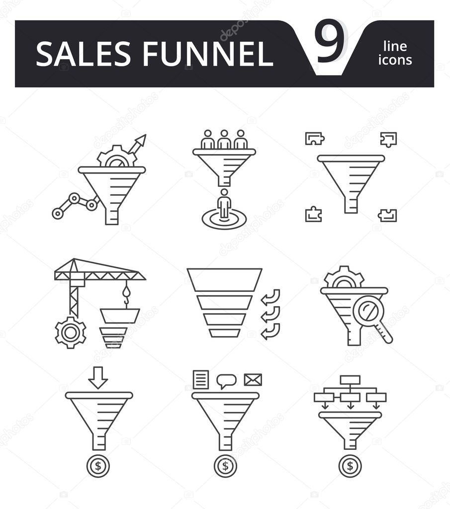 Sales Funnel - thin line icons vector set. Internet marketing strategy concept.